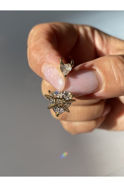 Çelik Göbek Piercing Örümcek Kalp Figürlü Büyük Zirkon Taşlı