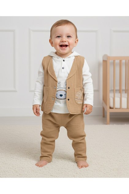 Baby Boy 3-Piece Muslin Set with Vest, Stylish Seasonal Set for 6-9-12-18 Months