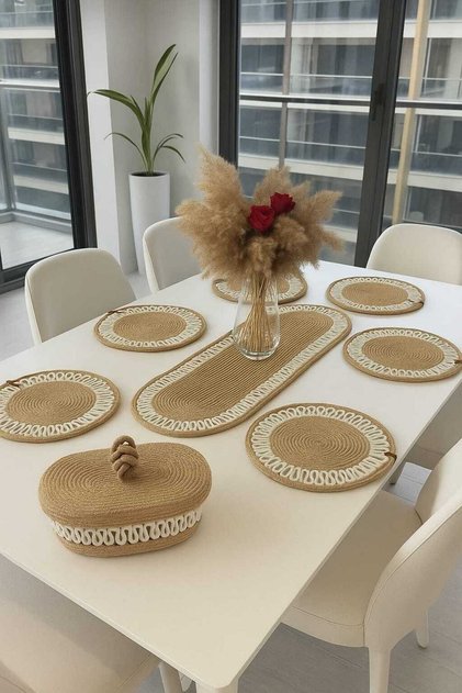 6-Piece Supla 1 Runner 1 Lid Knitted Bread Basket Set Beige Cream Patterned Presentation Basket