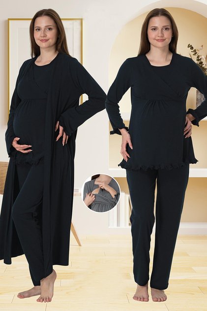 Women's Navy Blue Double-Breasted Collar Plain Long Sleeve Maternity Pajama Set with Hidden Nursing Feature