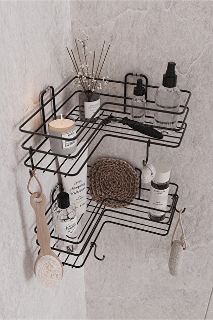 Adhesive 2-Piece Bathroom Corner Shelf, Shower Shampoo Rack Wall Organizer Shelf, Black Metal