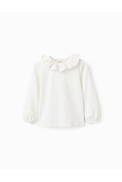 Long-sleeved T-shirt with Ruffle Collar for Girls, White