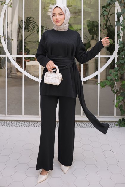 Black Crew Neck Glitter Trouser Suit