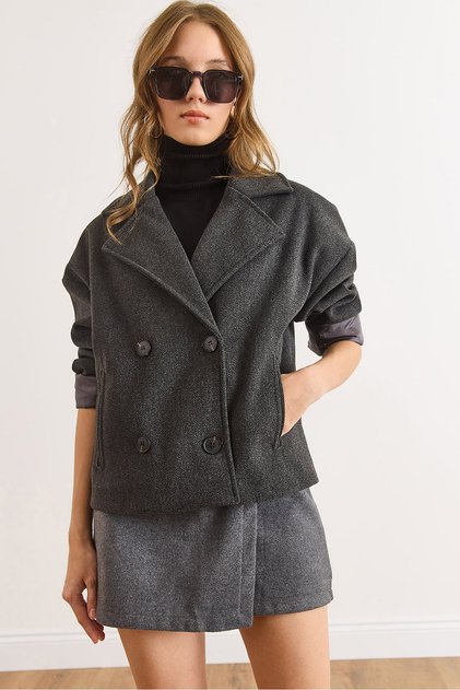 Women's Smoked Lined Double-Breasted Collar Pocketed Short Cashmere Coat Kbn-19000015