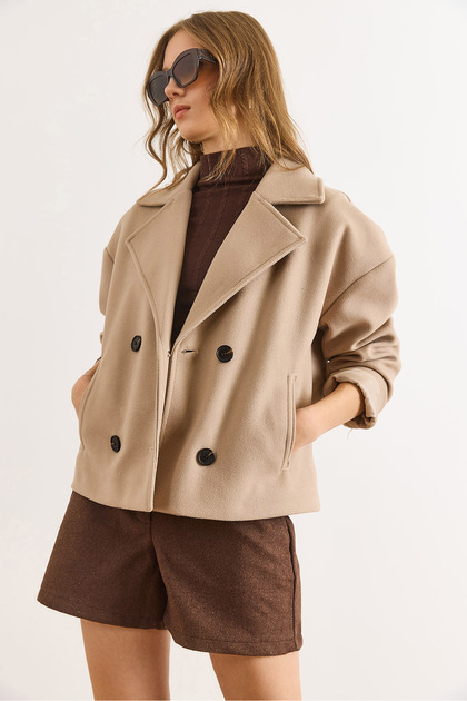 Women's Stone Lined Double Breasted Collar Pocketed Short Cashmere Coat Kbn-19000015