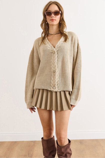 Women's Beige Hair Braid Detailed Knitwear Cardigan Hrk-19000420