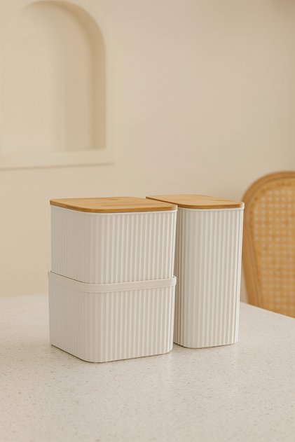 Set of 3 Bamboo Lid Striped Storage Containers 2000ml 1000 ml
