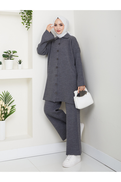 Oversize Ribbed Steel Knit Detailed Cardigan Pants Knitwear Set