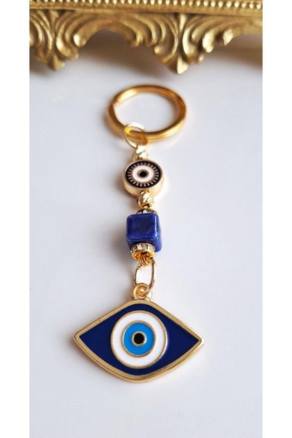 Gift Evil Eye Beaded Eye Detailed Navy Blue Keychain