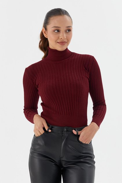 High-Necked Ribbed Sweater Bordo