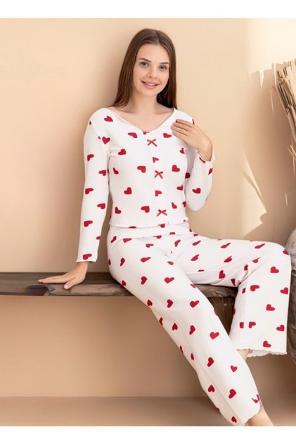 Women's Cherry Print U-Neck Lycra Pajama Set with Ribbon Detail
