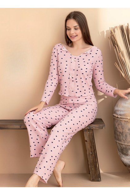 Women's Cherry Print U-Neck Lycra Pajama Set with Ribbon Detail