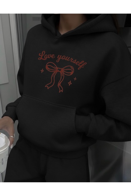 Love Yourself Ribbon-Detail Printed Women's Oversized Hooded Sweatshirt