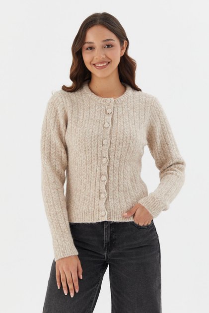 Crew Neck Ribbed Knit Cardigan Tas