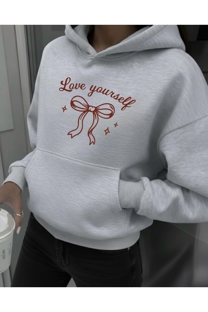 Love Yourself Ribbon-Detail Printed Women's Oversized Hooded Sweatshirt