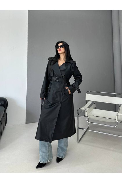 Women's Lined Premium Leather Trench Coat with Epaulettes and Cape