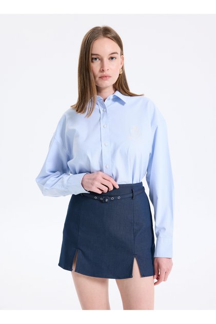Jeans Relaxed Gömlek Yaka Baskılı Mavi Kadın Gömlek Jeans Kadın Relaxed Fit Gömle