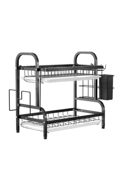 Suport de vase si tacamuri cu 2 niveluri din otel carbon, design modern, organizator bucatarie