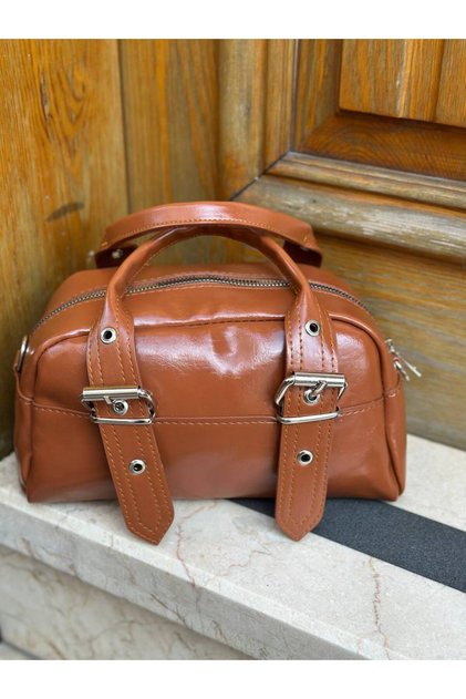 Small Size Shiny Leather Double Belt Buckle Detailed Women's Hand and Shoulder Bag