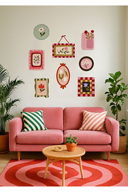 ฅ´•ᴥ•`ฅ몽몽!! WALLHUMAN Retro Bloom Çerçeve Desenli Duvar Sticker Seti 8 Parça