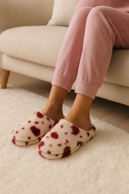 Burgundy Spotted Women's House Slippers | Soft Plush Non-Slip Sole Winter Slippers