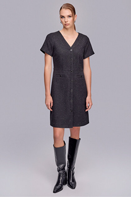 Black Tweed Dress with Front Buttons