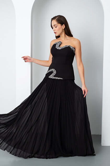 Lafaba Women's Black Strapless Neckline Rhinestone Pleated Long Evening Dress- Trendyol Lafaba Women's Black Strapless Neckline Rhinestone Pleated Long Evening Dress- Trendyol