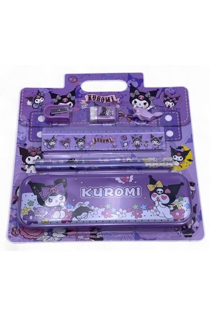 Set de rechizite școlare Kuromi, penar metalic, 2 creioane HB, radieră și ascuțitoare, violet