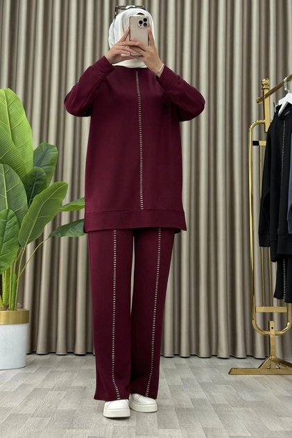 Tansu Takim Crystal Fabric Women's Burgundy Color Rope Detailed Hijab Two-Piece Set with Pants