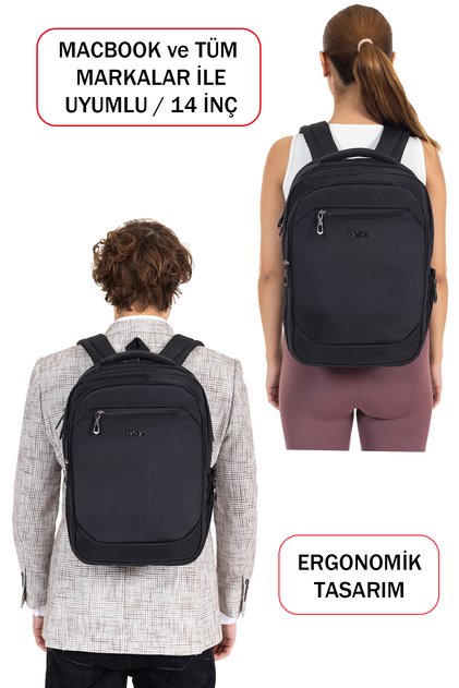 MacBook Compatible Black Laptop Backpack 14 Inch Shock Absorbing USB Type-C Waterproof Fabric Unisex