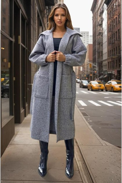 Women's Balloon Sleeve Long Shawl Collar Pocketed Thick Knit Knitwear Loose Coat 700-3661726