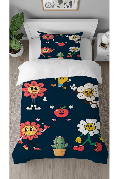 Daisy Cactus Apple Patterned Digital Printed Single Modern Children's Duvet Cover Set Without Sheets
