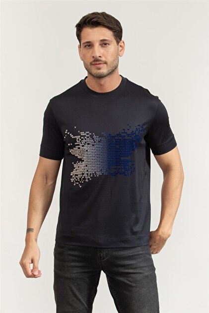 Erkek Normal Kalıp Pamuklu Esnek Kumaş Logo Detaylı Kısa Kollu Lacivert T-Shirt