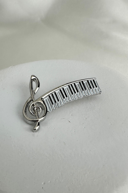 Gümüş Rengi Müzik Notası Detay Piyano Broş (5cm)