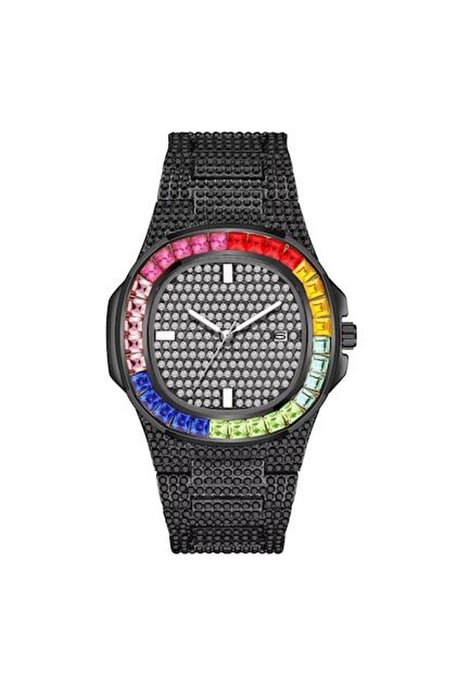 Ceas analogic Ice Out, mecanism cu cuarț, inserții de zirconiu multicolore, placat cu aur de 18K, negru, Tesser