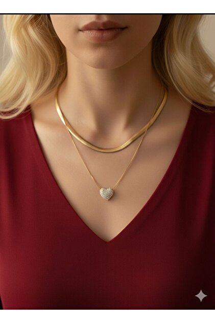 Stainless Steel Heart End Double Layer Women Necklace Gold Silver Color Optional