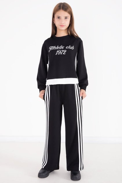 Black Stripe Detailed Lettered Wide Leg Girls' Suit 22772