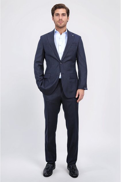 Slim Fit Mono Collar Navy Blue Striped Wool Suit