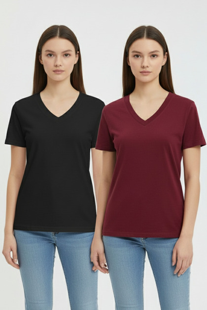 Women's V-Neck Short Sleeve Casual Wear Cotton Two-Piece T-Shirt Set Comfortable Fit Daily Stylish Model