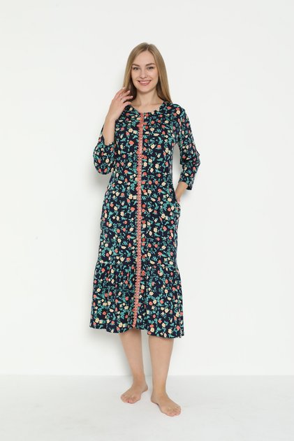 Buttoned Lace Detailed Three Quarter Sleeve Cotton Modal Dress