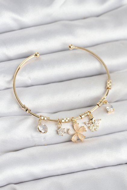Brass Women's Bracelet with Flower and Butterfly Charms (Gold Color)