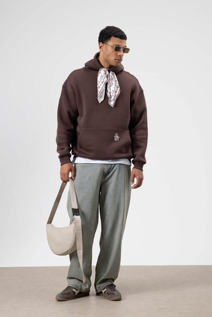 Oversize Scarf Detailed Hooded Sweatshirt Brown