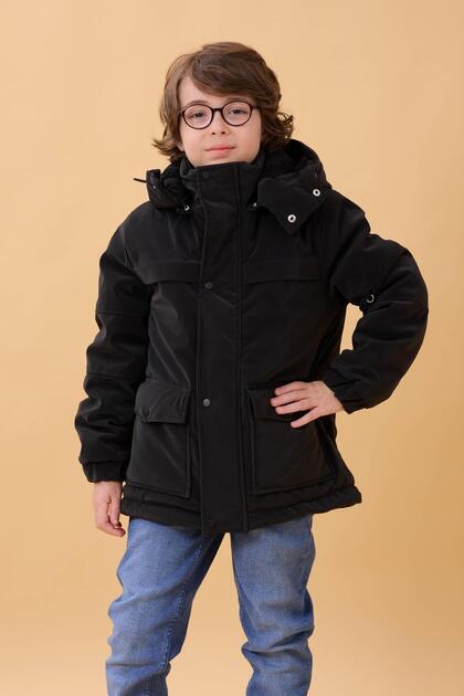 Boy's Fur-Lined Hooded Water Repellent Thick Winter Coat Black