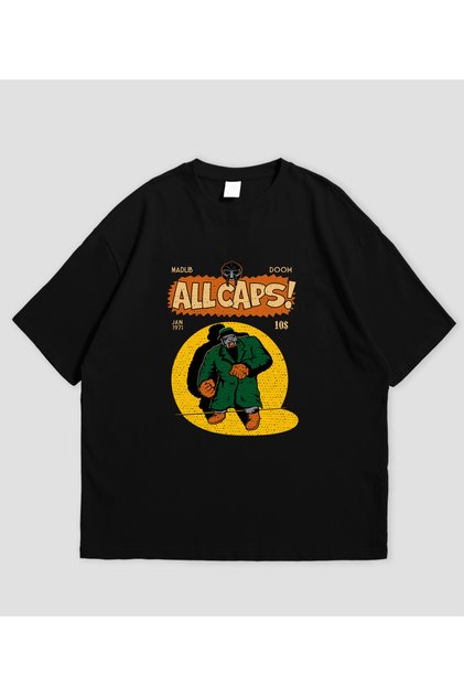 تي شيرت MF DOOM All Caps مطبوع باللون الأسود للجنسين مصنوع من القطن بنسبة 100% برقبة دائرية