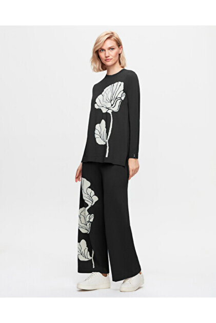 T25K-6015 Çiçek Desenli Örgü Teknikli Tunik BLACK
