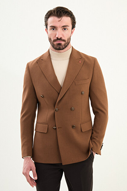Düz Slim Fit Geniş Yaka Kruvaze Metal Düğmeli Erkek Ceket Kamel - 41479.25K
