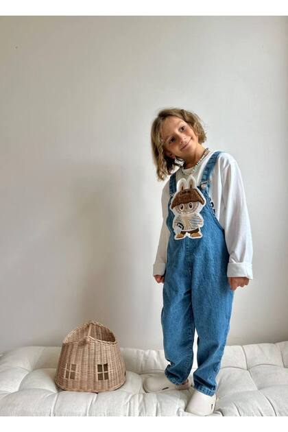 Salopet din denim de pluș cu figurine de animale albastre pentru băieți