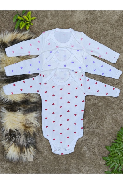 3-Piece Long Sleeve Heart Baby Girl Bodysuit with Snap Fasteners Cotton Bodysuit