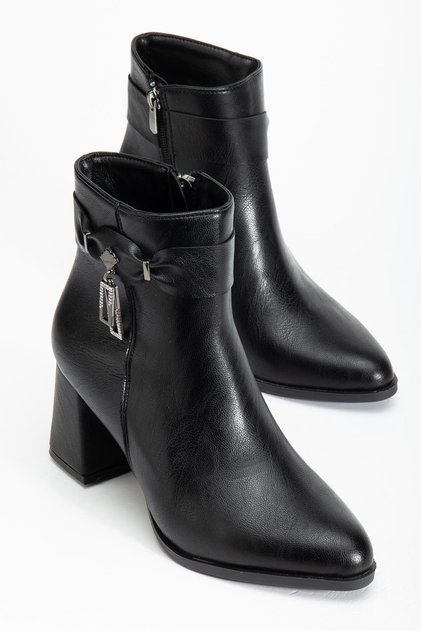 Black Women's Thick Heeled Boots with Earring Stones Faux Leather