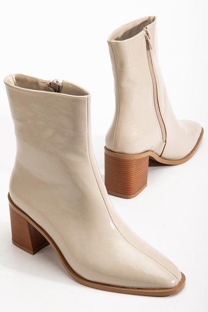 Beige Women's Thick Heeled Boots Patent Leather Blunt Toe Flat Bottom
